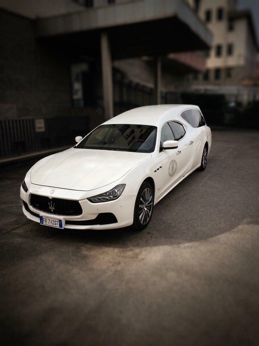 Il nostro Maserati davanti alle camere mortuarie dell'ospedale Santa Croce di Cuneo